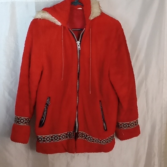 Eskimo style hooded vintage red winter jacket size large - Picture 1 of 11